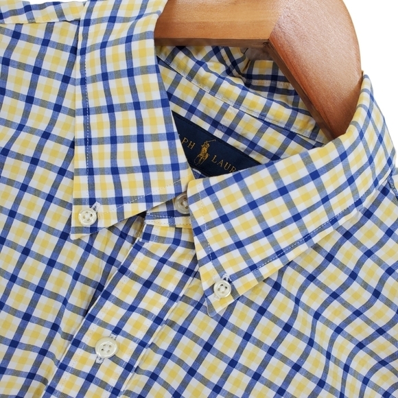 Ralph Lauren Dress Shirt Men M Check Plaid Windowpane Graph Blue Yellow Wht Logo - Picture 6 of 12